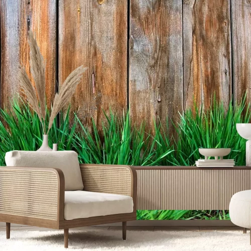 Papier peint  Herbe sur un fond de bois