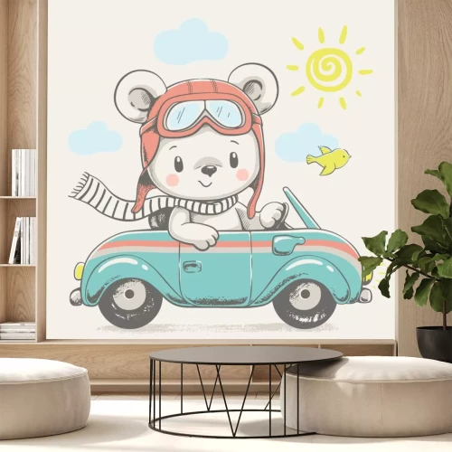 Sticker  Ours mignon au volant de la voiture dessin animé main dessinée illustration vectorielle. Peut être employé pour l'impression de T-shirt, les enfants portent la conception de mode, la salutation de fêt