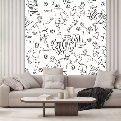 Sticker  Joueur de football de vecteur avec motif sans soudure de croquis de balle. Le mouvement de soccers et le gardien de but portent des poses et une course différentes. Illustration de contour noir et bla