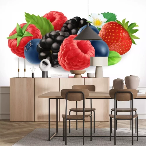 Sticker  Fruits de la forêt et baies. Framboise, fraise, mûre, myrtille. Icône de vecteur réaliste 3D