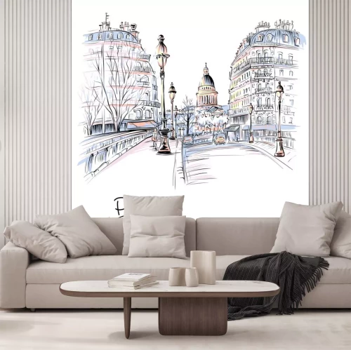 Sticker  Dessin à la main de vecteur. Pont sur la Seine Pont Louis Philippe près de l'Ile de la Cité dans la matinée d'hiver, Panthéon en arrière-plan, Paris, France.