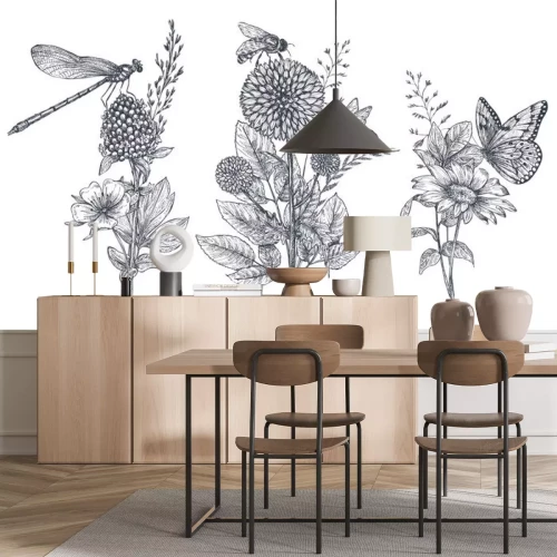 Sticker  Fleurs et insectes noirs et blancs