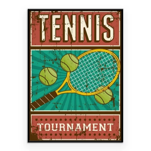 Poster  Graphisme rétro d'une raquette de tennis, d'une balle et d'une inscription