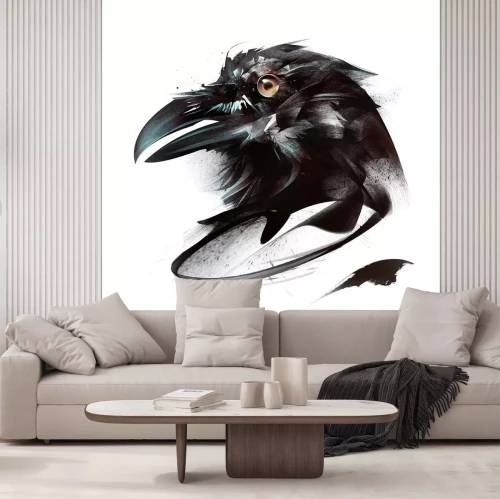 Sticker  portrait de couleur peinte de corbeau oiseau sur fond blanc sur le côté