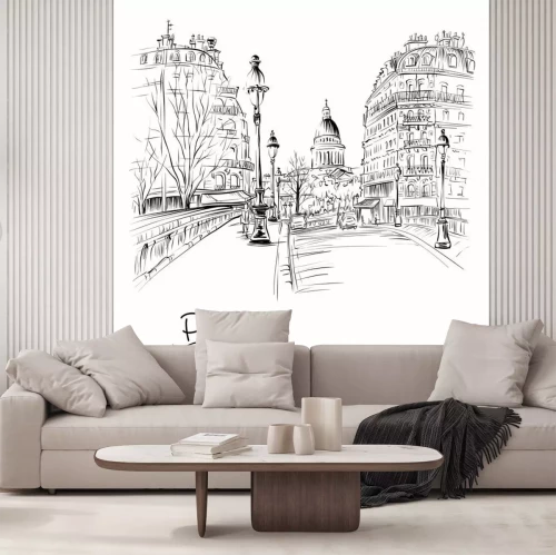 Sticker  Dessin de main Vector noir et blanc. Pont sur la Seine Pont Louis Philippe près de l'Ile de la Cité le matin d'hiver, Panthéon en arrière-plan, Paris, France.