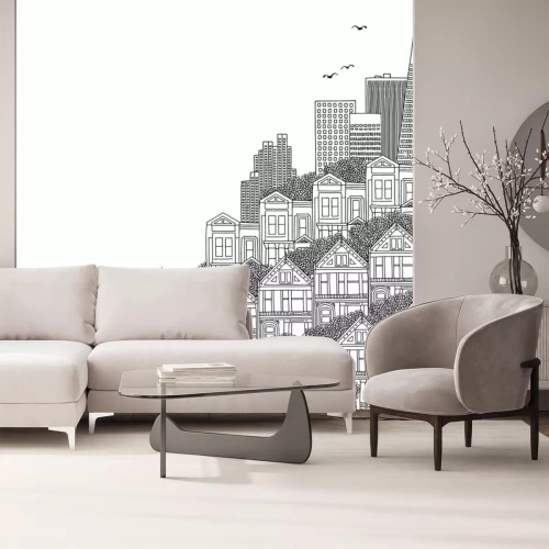 Sticker  Main dessinée illustration noir et blanc de San Francisco avec des maisons victoriennes et un espace vide pour le texte