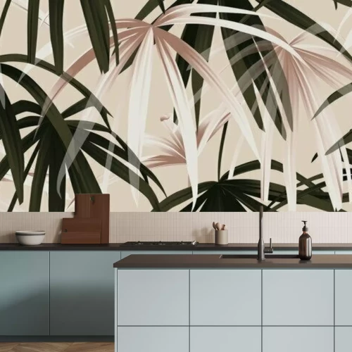 Sticker  Modèle sans couture de plante tropicale, or rose et palmier vert feuilles sur fond rose clair