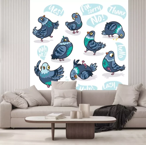 Sticker  Ensemble de pigeons de dessin animé. Concevoir des autocollants, des épingles et des patchs.