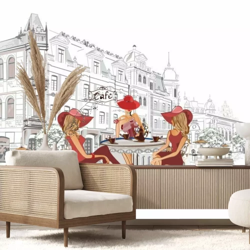 Sticker  Série des cafés de rue avec des personnes, hommes et femmes, dans la vieille ville, illustration vectorielle. Les serveurs servent les tables.