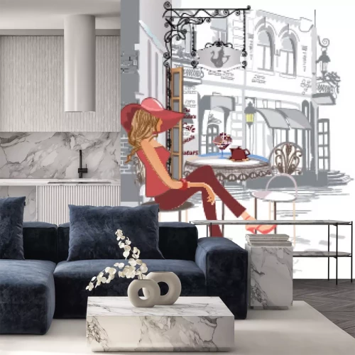 Sticker  Série des cafés de rue avec des personnes, hommes et femmes, dans la vieille ville, illustration vectorielle. Les serveurs servent les tables.