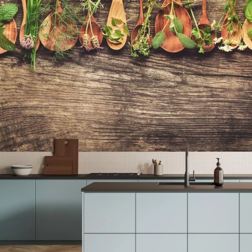 Papier peint  Herbes vertes sur des cuillères en bois