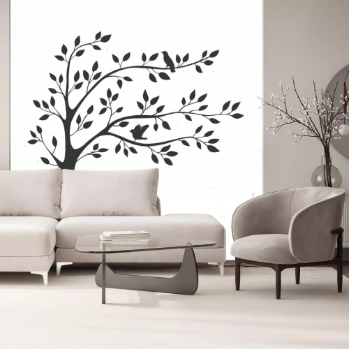 Sticker  Arbre noir et blanc avec des oiseaux assis