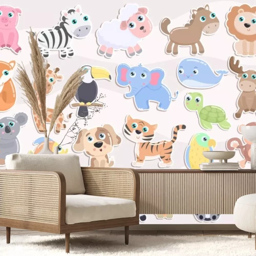Sticker  Jeu d'autocollant animal mignon. Design plat