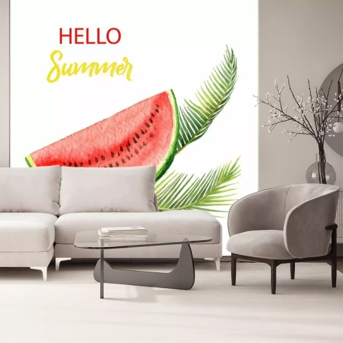 Sticker  Feuilles tropicales aquarelle carte et tranche de melon d'eau isolé sur fond blanc.