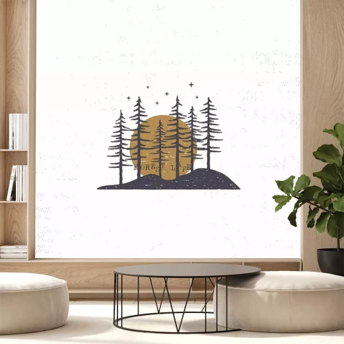 Sticker  Forêt de dessinés à la main avec le concept de soleil. Pine tree texturé illustration avec des étoiles. Isolé sur fond blanc Parfait pour le camping, le logo d'aventure ou les badges.