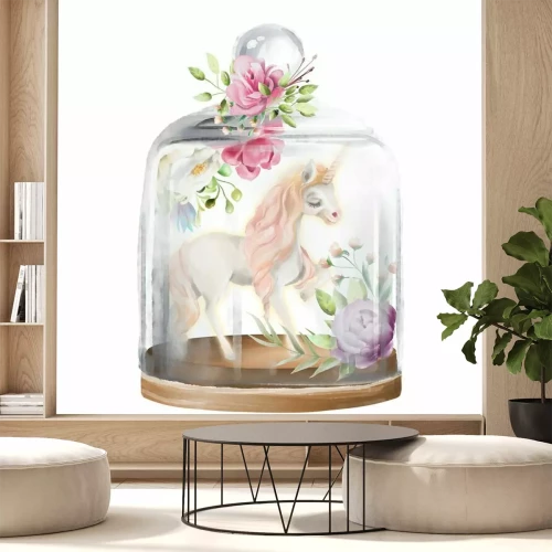 Sticker  Licorne et fleurs sous un couvercle en verre