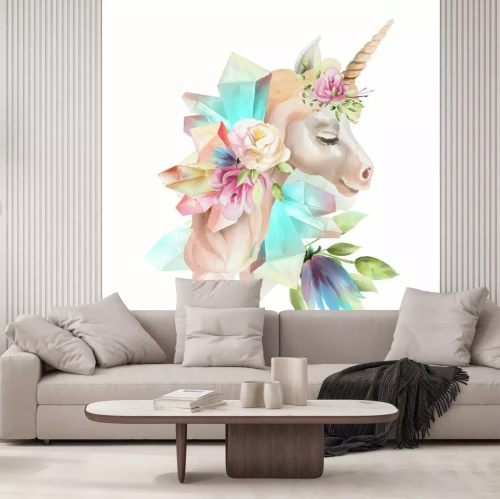 Sticker  Oeuvre d'aquarelle de fleurs et de cristaux de licorne