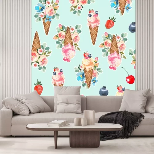 Sticker  Cônes de glace aquarelle et roses en fleurs, eucaliptus, modèle sans couture de bouquet de fleurs