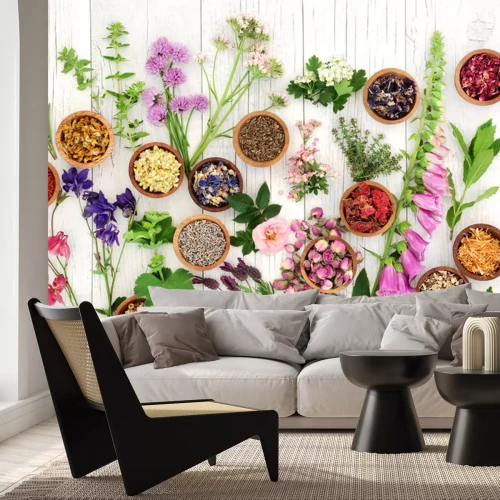 Papier peint  Herbes et épices sur fond de bois