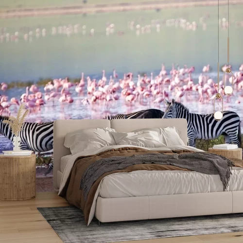 Papier peint  Flamants roses et zèbres au bord d'un lac