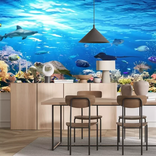 Papier peint  Scène sous-marine avec récifs coralliens et poissons exotiques