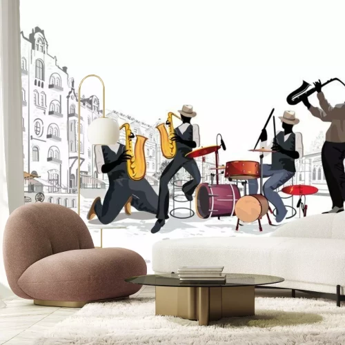 Sticker  Musiciens à la fête. Groupe de jazz. Illustration vectorielle dessinés à la main