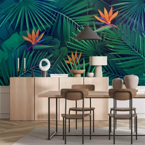 Papier peint  Feuilles tropicales et fleurs d'oiseau de paradis orange