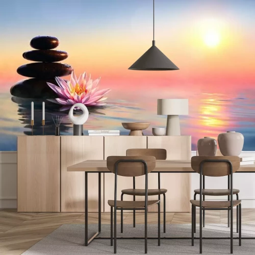 Papier peint  Pierres noires et fleurs dans l'eau