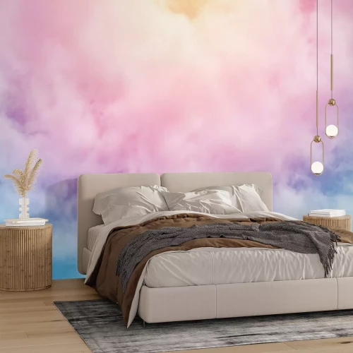 Papier peint  Nuages roses et bleus avec des rayons de lumière