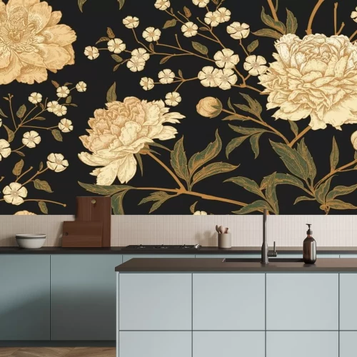 Papier peint  Fleurs claires sur fond noir au style rétro