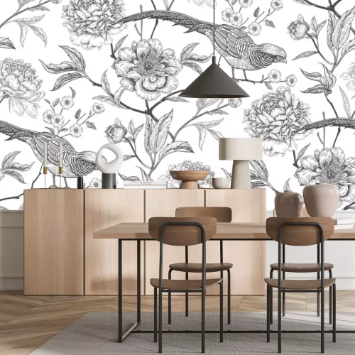 Sticker  Graphiques bicolores avec des oiseaux sur des fleurs