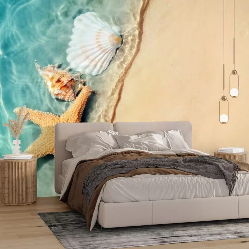 Sticker  étoile de mer et coquillage sur la plage d'été en eau de mer.