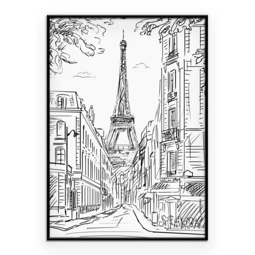 Poster  Une rue de Paris menant à la Tour Eiffel, dessinée dans le style d'un dessin.