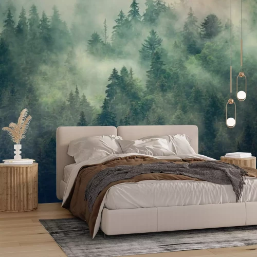 Papier peint  Forêt de sapins brumeuse dans des tons de vert et de brun