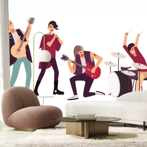 Sticker  Groupe de punk rock sur scène. Groupe de jeunes hommes et femmes chez les mohawks chantant et jouant de la musique pendant un concert isolé sur fond blanc. Illustration vectorielle plane