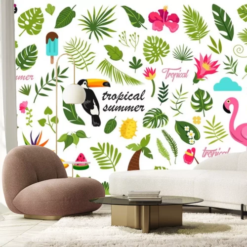 Sticker  jeu de dessin animé des éléments de décor plat de l'été. design tropical. illustration vectorielle