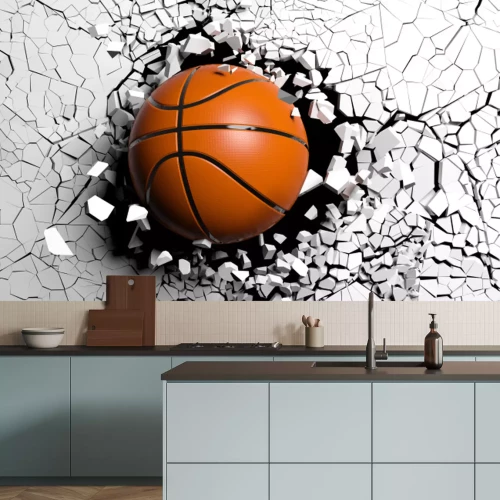 Papier peint  ballon de basket 3d brisant le mur