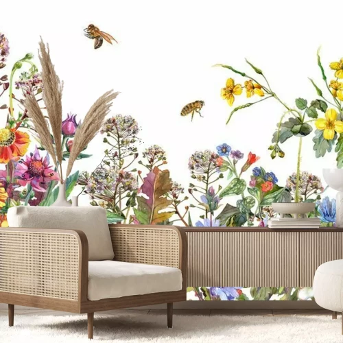 Papier peint  Jante sans couture. Bordure aux herbes et fleurs sauvages, feuilles. Illustration colorée botanique sur fond blanc. Composition d'été avec des abeilles. Dessin à l'aquarelle
