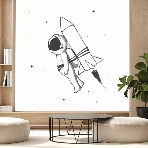 Sticker  Astronaute de l'espace attaché avec une corde à une fusée