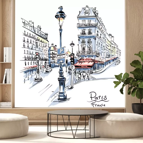 Sticker  Dessin de main de vecteur. Rue parisienne avec maisons traditionnelles et lanternes, Paris, France.