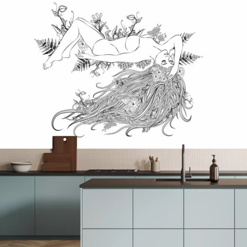 Sticker  Jeune femme aux cheveux longs et une couronne florale avec des feuilles de coeur