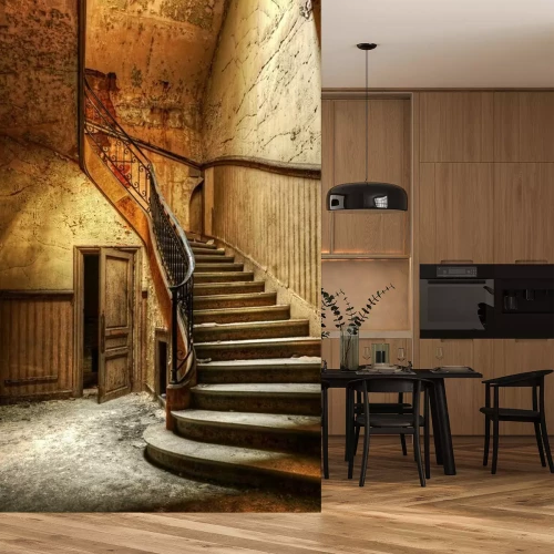 Papier peint  Escalier en bois avec rampe en fer forgé dans une vieille maison