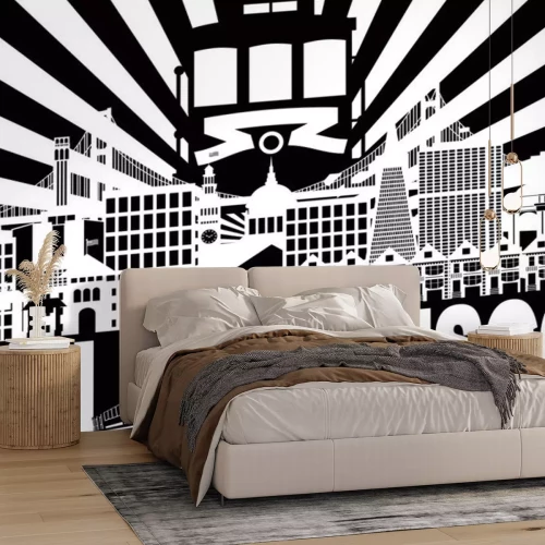 Sticker  San Francisco Skyline Trolley et rayons de soleil avec texte vecteur Illustration