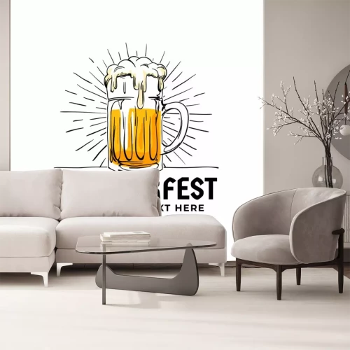 Sticker  Insigne de logo dessiné à la main d'Oktoberfest. Vieux verre de bière de style ancien avec illustration de fond de rayons de soleil pour la conception de Munich festival de la bière. Affiche, bannière