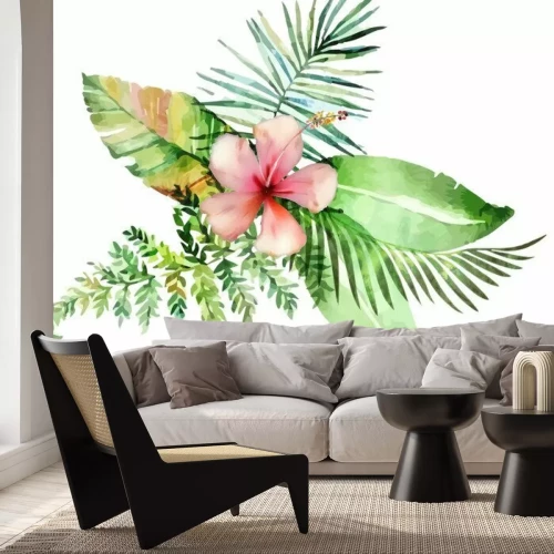 Sticker  Fleur rouge vif parmi les feuilles illustration aquarelle