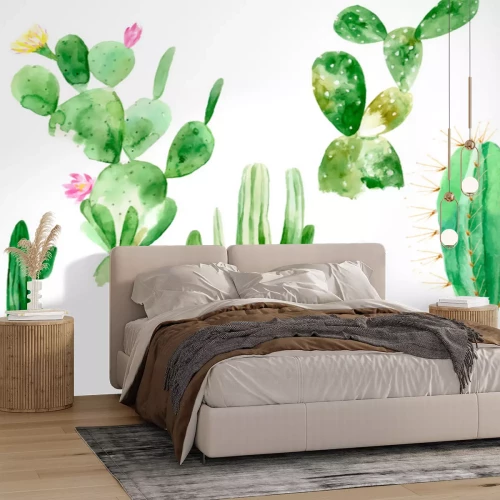 Sticker  Ensemble d'illustrations aquarelle de cactus sur fond blanc en format vectoriel. Plantes fleuries dessinés à la main pour le bureau intérieur. Fleur de cactus mexicain du désert.