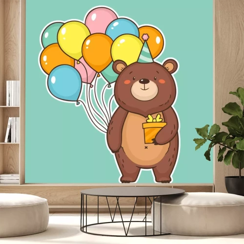 Sticker  Carte mignonne joyeux anniversaire avec ours drôle, tenant des ballons à air chaud et une boîte-cadeau. Carte de voeux colorée joyeux anniversaire. Illustration vectorielle