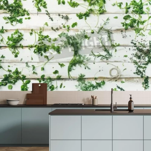 Papier peint  Herbes aromatiques sur des planches blanches rustiques