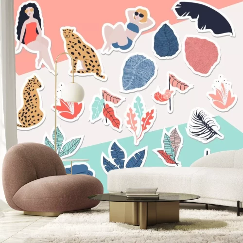 Sticker  Filles tropicales avec collection d'autocollants Cheetah. Paradis estival dans les jungles tropicales avec un animal sauvage, une belle fille et des fleurs fantastiques.