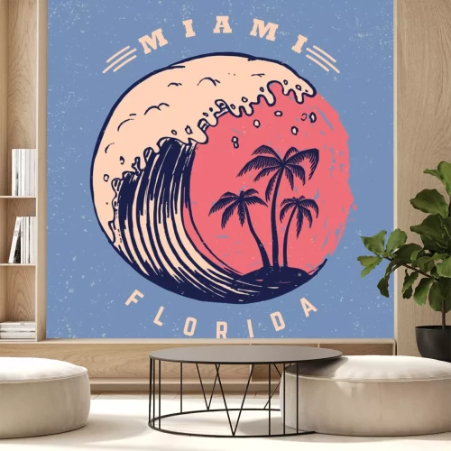 Sticker  Miami. Modèle d'affiche avec lettrage et paumes.